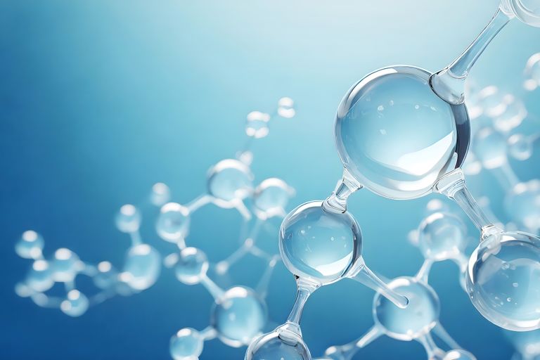 Colorful 3D glass molecules and atoms in blue background