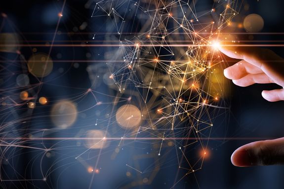 Woman hand touching The metaverse universe